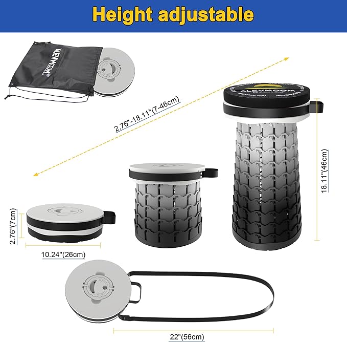 ALEVMOOM Upgraded 18.1" XL Collapsible Stool with Cushion, Portable Folding Stools for Adults Capacity 800lbs, Lightweight Telescoping Stool for Camping Travel Fishing Hiking