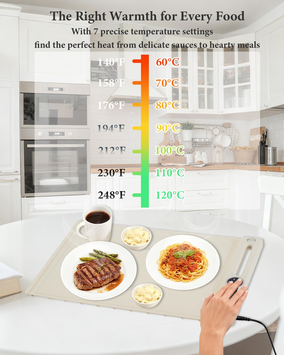 KokoSelene Food Warming Mat, Dual-Zone Heating Mat for Food with 7 Temp & Timer, 10s Fast Heat Flexible Silicone Warmer for Home, Parties, Buffet Serving (Cream-1 PCS)