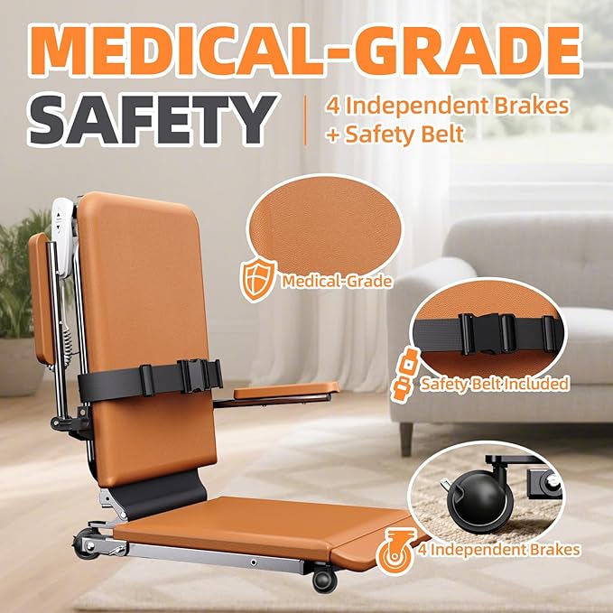 Upgrade Steel Electric Lift Chair with Advanced Wheels and PU Cushion, Floor Lift for Elderly, Support Up to 500 LBS, Safety Seat Belts and Handrails, Suitable for Home or Care Facilities Use, Brown