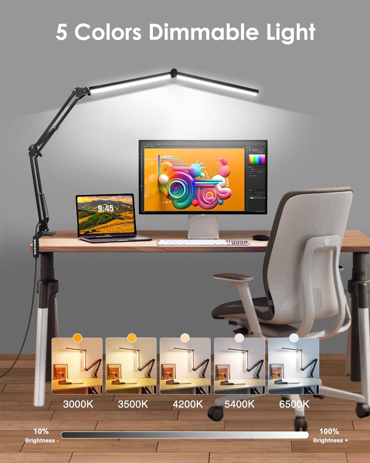 LED Desk Lamp with Clamp, Double Head with Remote Control, 55" Adjustable Swing Arm Architect Desk Lamp, Memory Function for Home Office, Workbench, Reading, Craft, Drafting