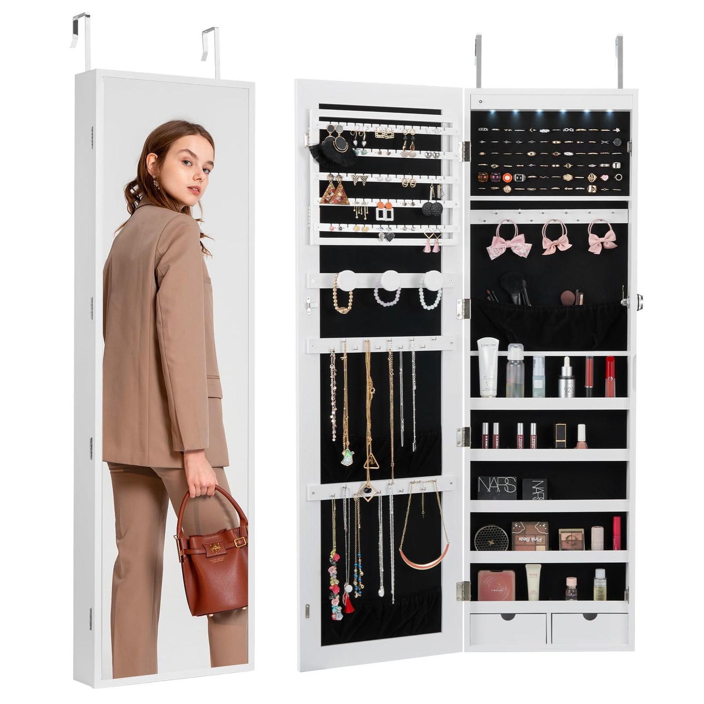 VEVOR Mirror Jewelry Cabinet, 47.2-Inch Tall Lockable Jewelry Armoire with Full-Length Mirror, Wall/Door Mounted Organizer with LED Lights and Velvet Lining, White