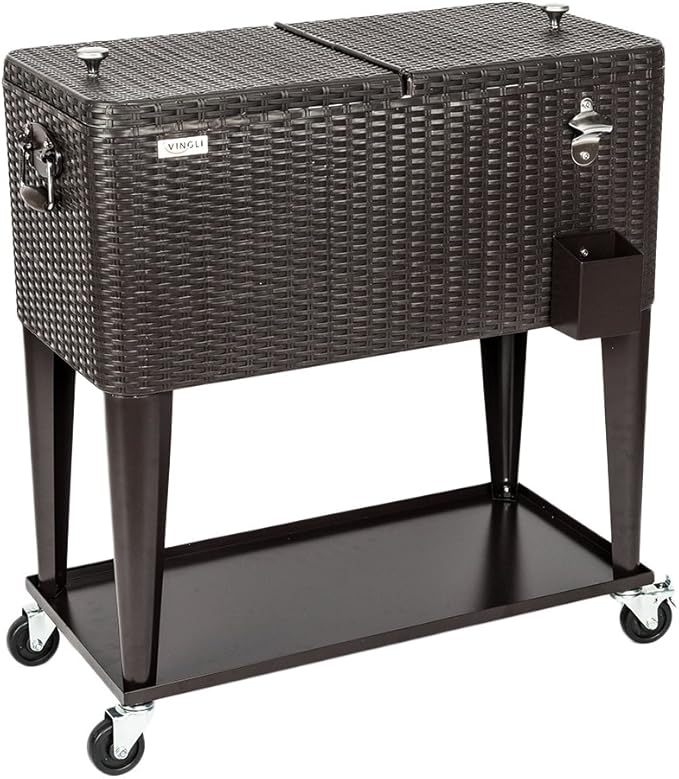 VINGLI 80 Quart Rolling Ice Chest on Wheels, Portable Patio Party Bar Drink Cooler Cart, Wicker PP Rattan with Shelf, Beve...