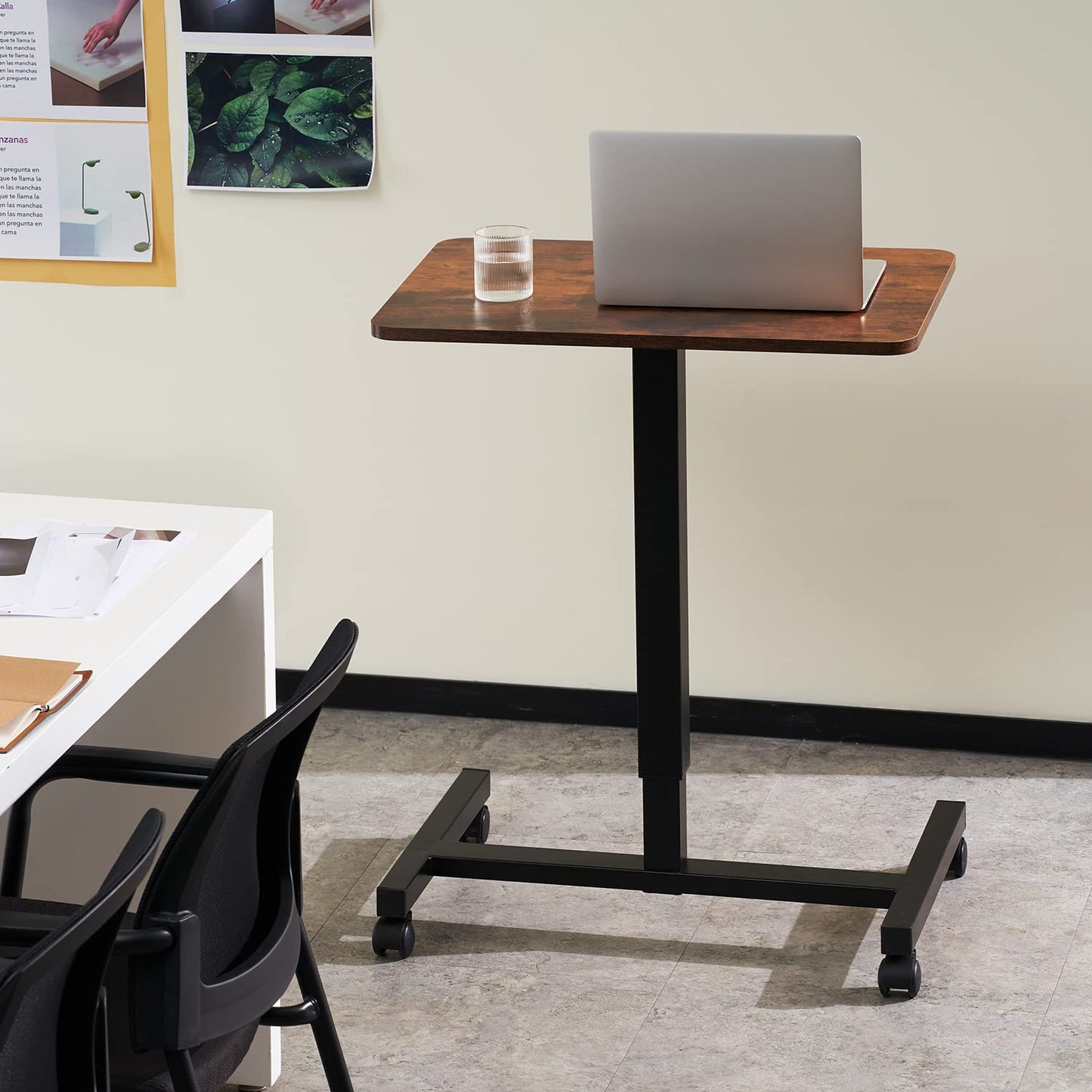 CLATINA Round Edge Design Elegant Mobile Laptop Desk Pneumatic Sit to Stand Table, Height Adjustable Rolling Cart with Lockable Wheels for Home Office Computer Workstation, 28" x 19" Brown