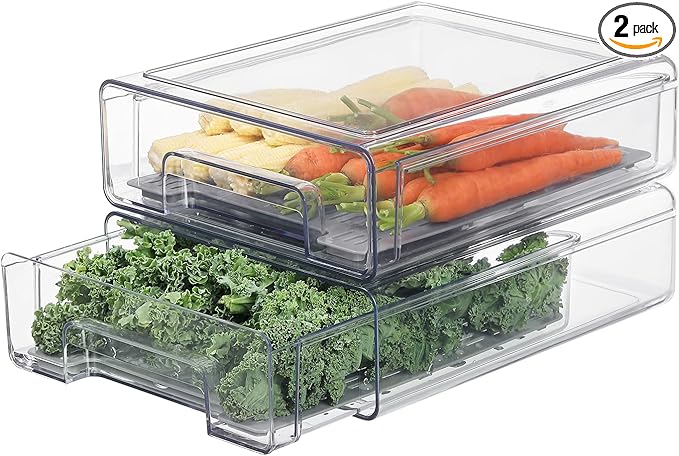 Plastic Clear Fridge Storage Organizer with Drawers & Drainer - Stackable Bins for Kitchen Fruit & Veggie Organization (2PCS, Medium)