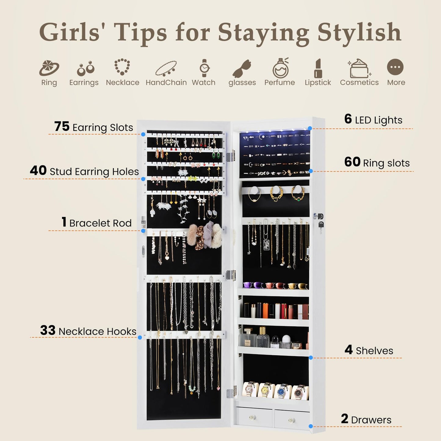 HAPPYMONT Tall Lockable Large Capacity Jewelry Armoire Cabinet with Full Length Mirror, Wall Mounted or Over the Door Jewelry Organizer with 33 Necklace Hooks, Jewelry Armoire with Drawers, White