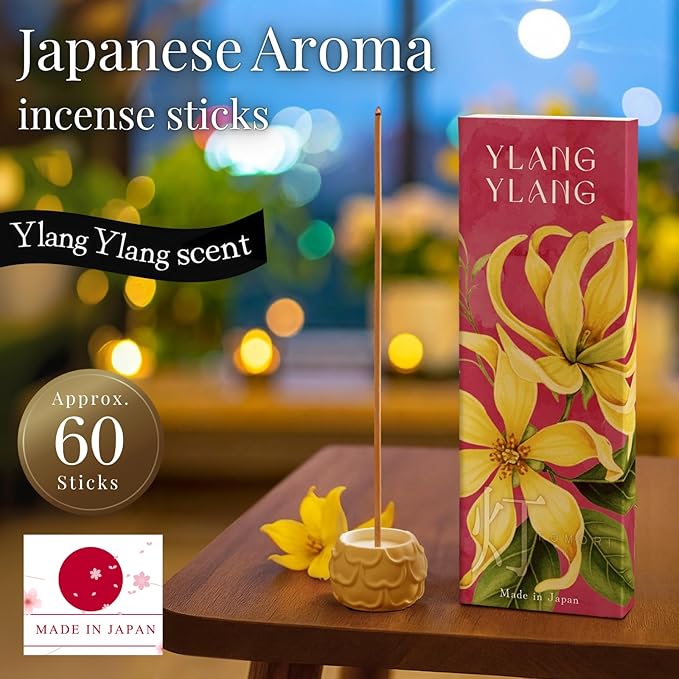Ylang Ylang Luxury Japanese Incense Sticks 60sticks Coreless Low Smoke Natural Charcoal Free Non Toxic Aromatherapy Meditation Calming Stress Relief Relaxation Yoga TOMORI