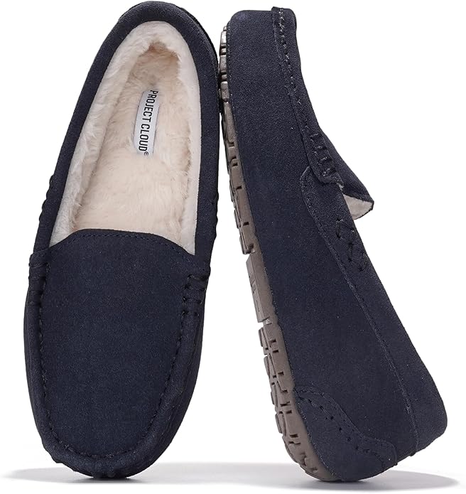Grey Cathi Loafers by Project Cloud - Genuine Suede, Memory Foam, Faux Fur Lined Slip Resistant Shoes