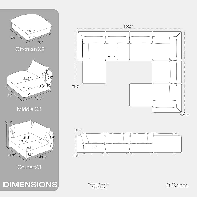 Fajiani Oversized Modular Sectional Sofa,Cloud Couch Deep Seat Sofa Cushion Covers Removable, Oversized Sectional Couches for Living Room (8 Seater-Cream White)