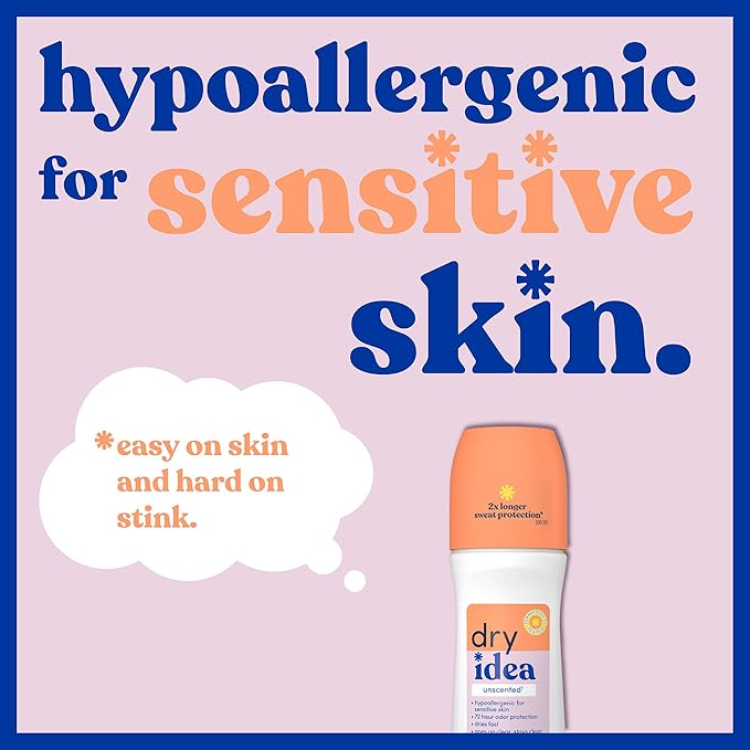 Dry Idea Unscented Roll On Deodorant & Antiperspirant for Women - Hypoallergenic for Sensitive Skin, 2X Longer Sweat Protection, 72Hr Sweat & Odor Protection, Womens Deodorant, 3.25oz (4 Pack)