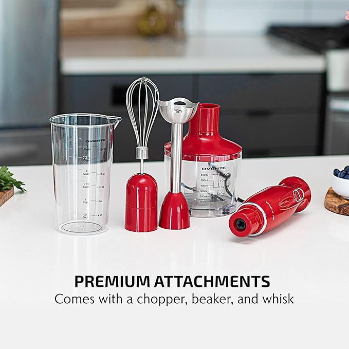 OVENTE Immersion Hand Blender Set, 300W Corded Electric Handheld Stick Mixer, 2 Mixing Speeds with Stainless Steel Blades, Egg Whisk, Beaker & BPA-Free Food Chopper, Red HS565R