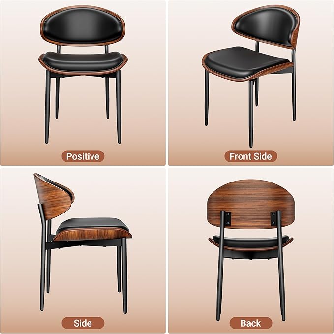 YaFiti Dining Chairs Set of 8, Dining Room and Kitchen Chairs, Mid Century Modern Retro Chair, Upholstered PU Leather Chairs for Vanity with Walnut Bentwood and Metal Legs (Black)