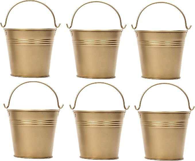 Hosley 6 Pack Gold Metal Buckets, 4" Dia x 3.6" H. Ice Pails for Plants, Succulents, Party Favors Organizing, Rustic Home ...