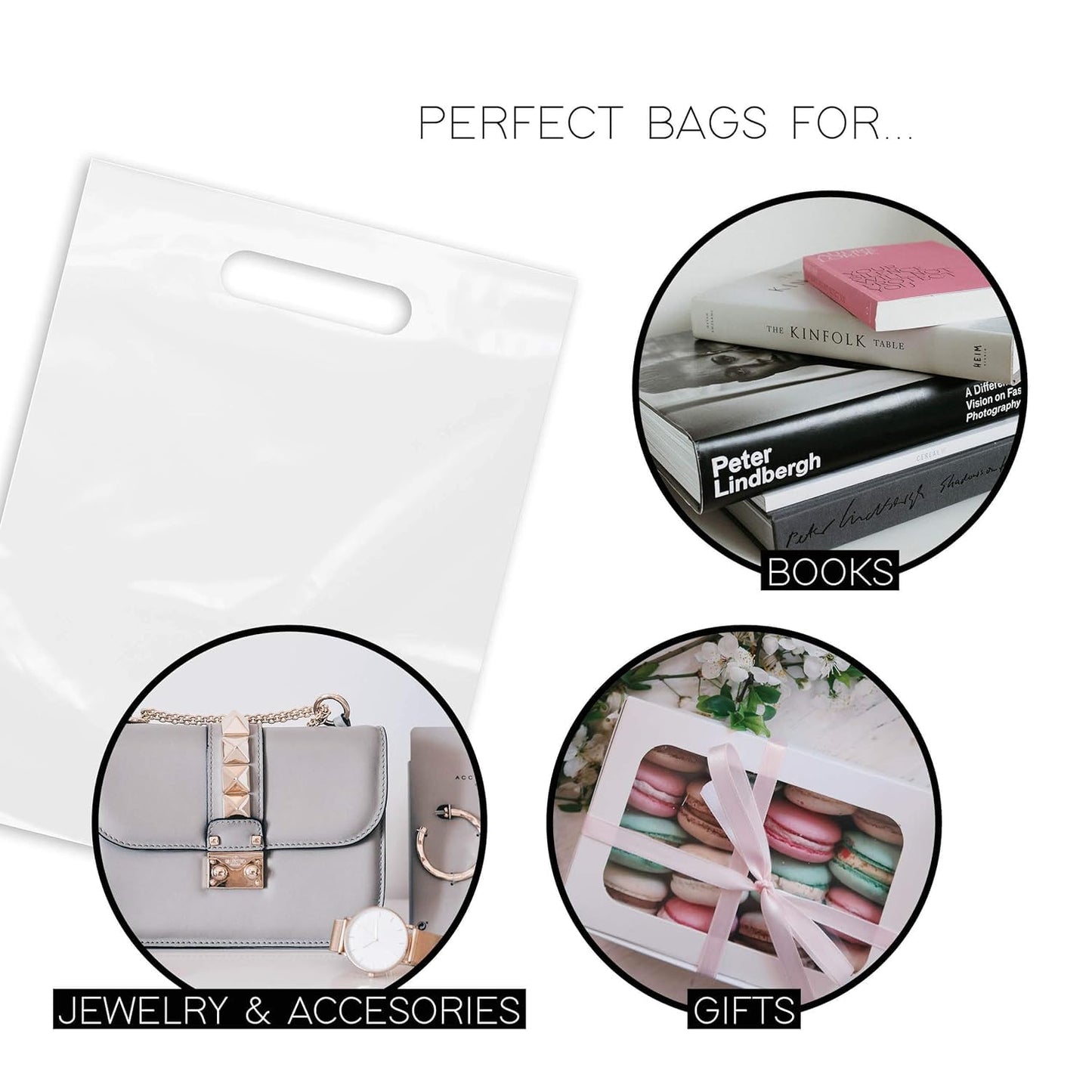 Purple Q Crafts Plastic Bag With Die Cut Handle 9" x 12" White Merchandise Bags 100 Pack for Retail, Gifts and Shows