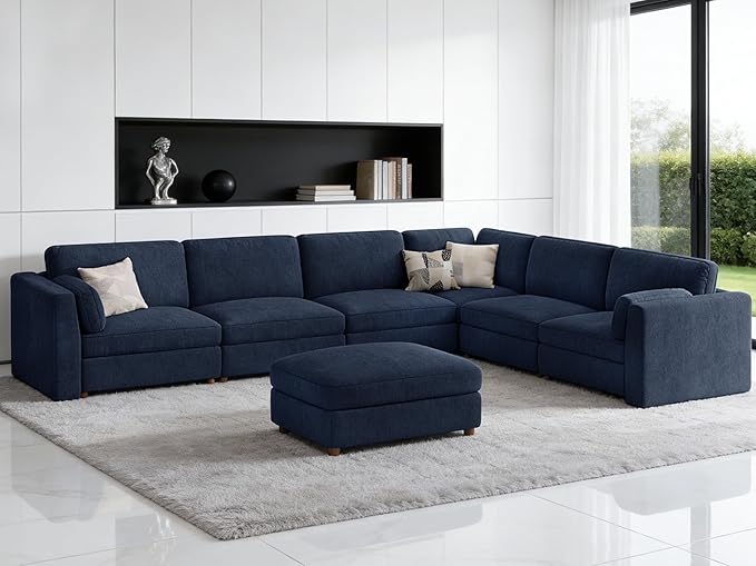 CUGOAO 159'' Modular Sectional Sofa, Oversized L-Shaped Sectional Couch with Ottoman, Deep Seat Chenille Cloud Couch, Mordern Upholstered Couches for Living Room, Apartment, Office, Blue