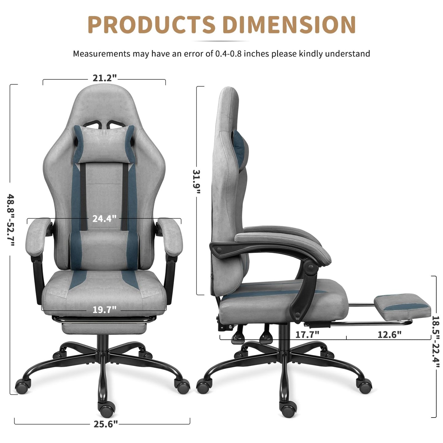 ErgoDesign Breathable Fabric Gaming Chair with Footrest, Height Adjustable Game Chair, Video Gaming Chair for Gaming Room, Living Room and Office - Light Grey/Blue