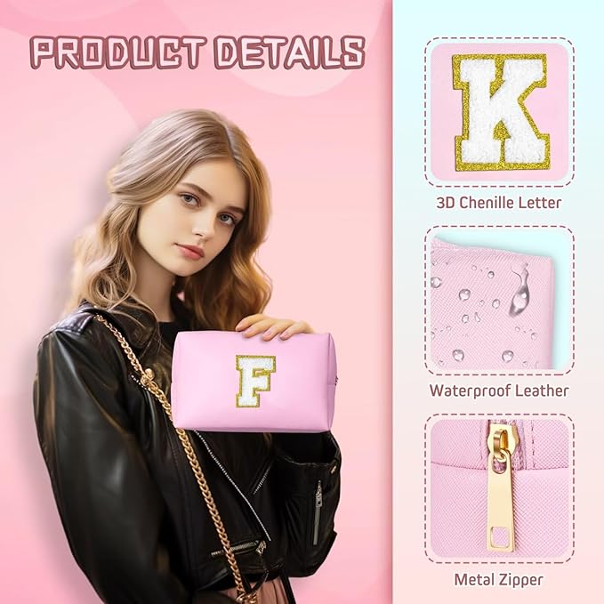 TOPEAST Preppy Makeup Bag, Small Cosmetic Travel Bags for Women, PU Leather Waterproof Toiletry Bag with Zipper, Personalized Birthday Gift for Women Girl, Preppy Gifts for Girl (Pink F)
