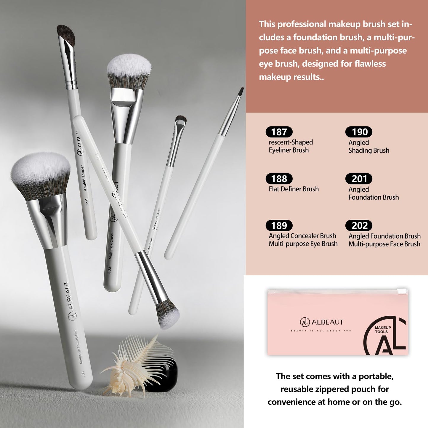 Albeaut Face Makeup Brush Set 6PCS, Angled Cream Foundation Liquid Blush Brush Concealer Brush Under Eye, Nose Contour Eyeliner