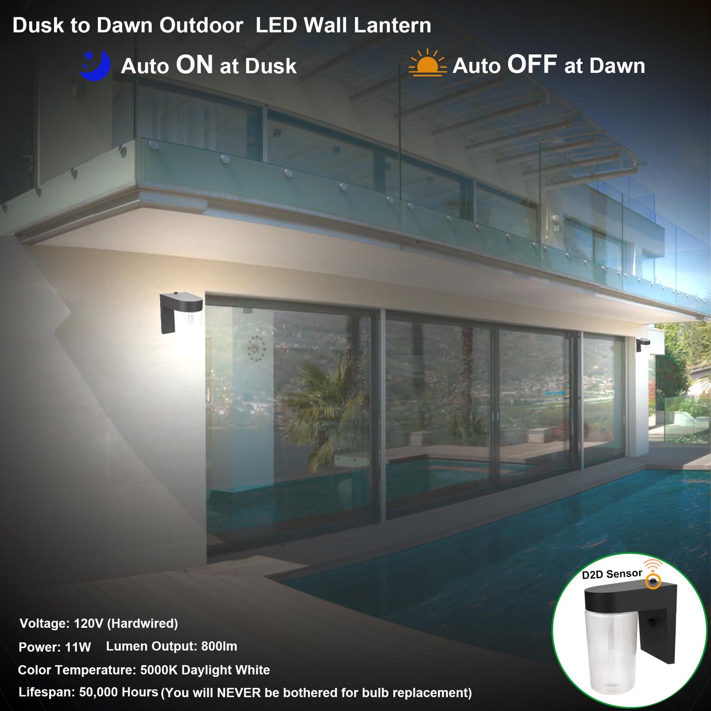 LIT-PaTH Dusk to Dawn Outdoor Wall Lantern, LED Jelly Jar Light, 11W 800 Lumens, 5000K Daylight White, Aluminum Housing Plus Clear Shade, Matte Black Finish, 1-Pack