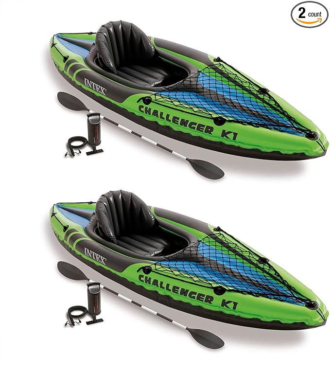 Intex Challenger K1 1 Person Durable Vinyl Streamline Sporty Kayak with Inflatable Seat and Backrest, Oar, Pump, Carrying ...