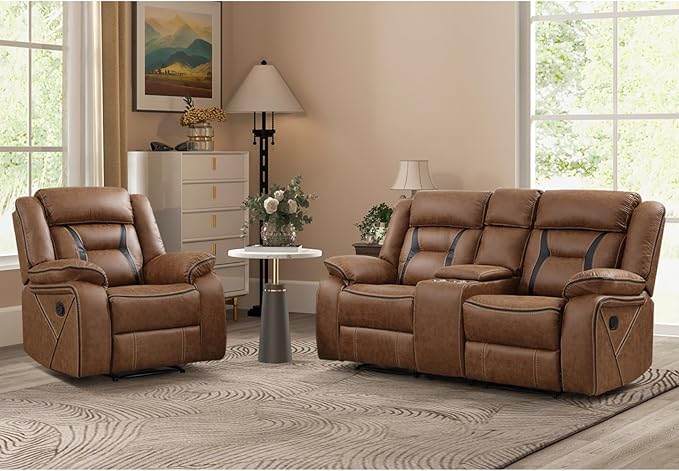 EBELLO Manual Recliner Sofa Set, Faux Leather Reclining Living Room Furniture Set, Included Single Recliner Chair and Manual Loveseat Sofa, Brown