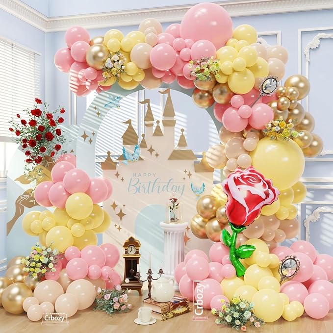 142Pcs Pink and Yellow Balloon Arch Kit, Pastel Pink Yellow Light Brown Metallic Gold Balloons with Red Rose Foil Balloon ...