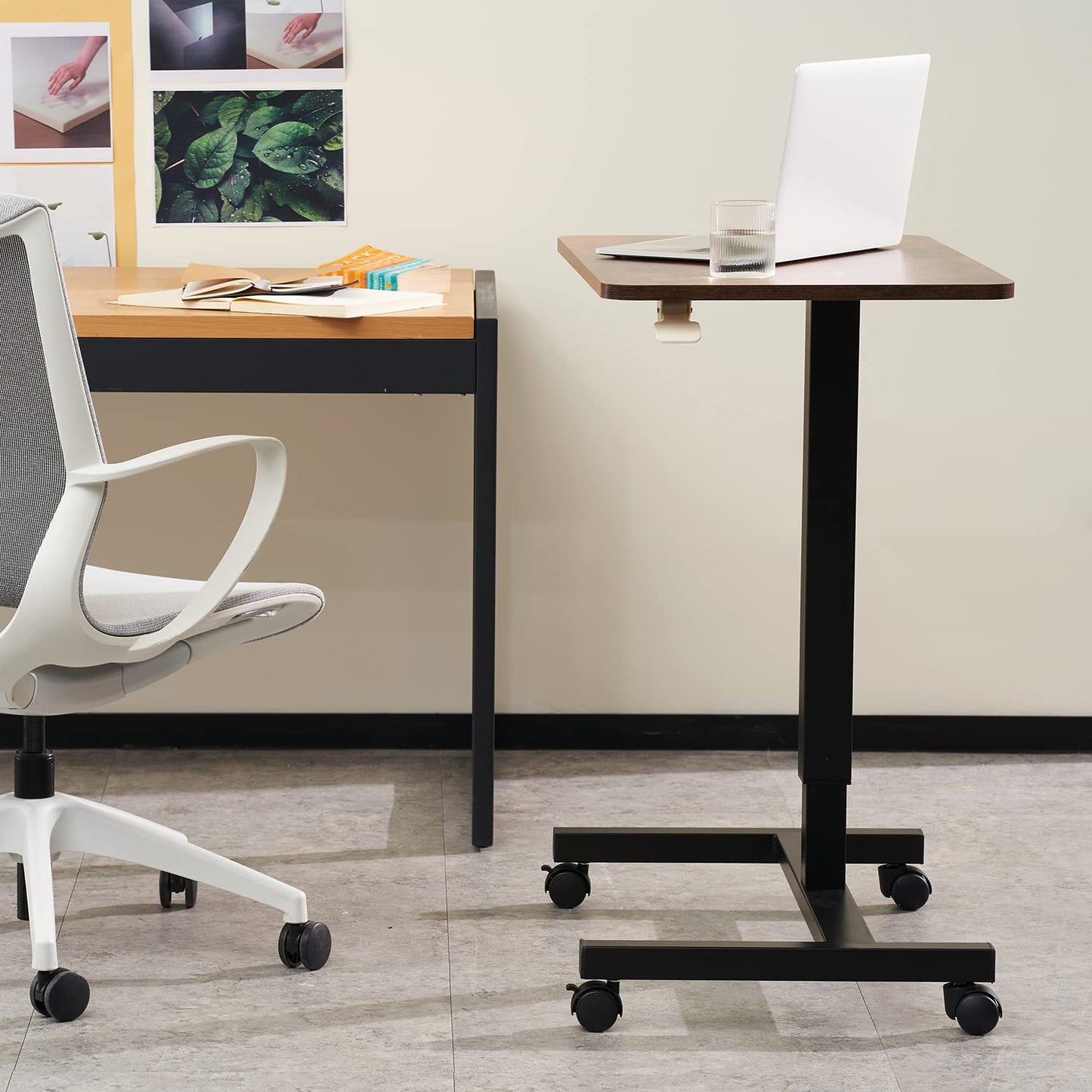 CLATINA Round Edge Design Elegant Mobile Laptop Desk Pneumatic Sit to Stand Table, Height Adjustable Rolling Cart with Lockable Wheels for Home Office Computer Workstation, 28" x 19" Brown