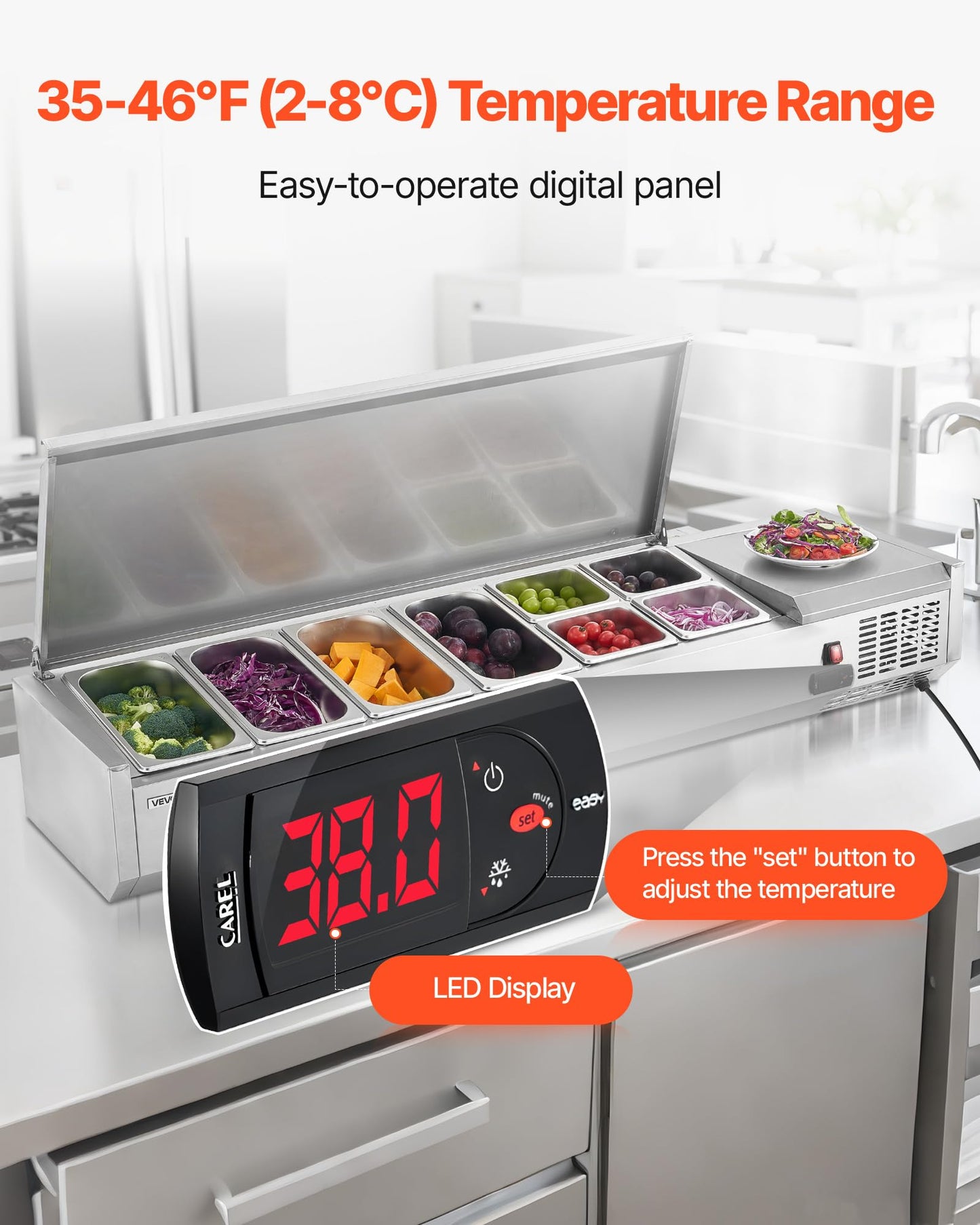 VEVOR Refrigerated Condiment Prep Station, 130 W Countertop Refrigerated Condiment Station, with Four 1/3 Pans & Four 1/6 Pans, 304 Stainless Body and PC Lid, Sandwich Prep Table with Stainless Guard