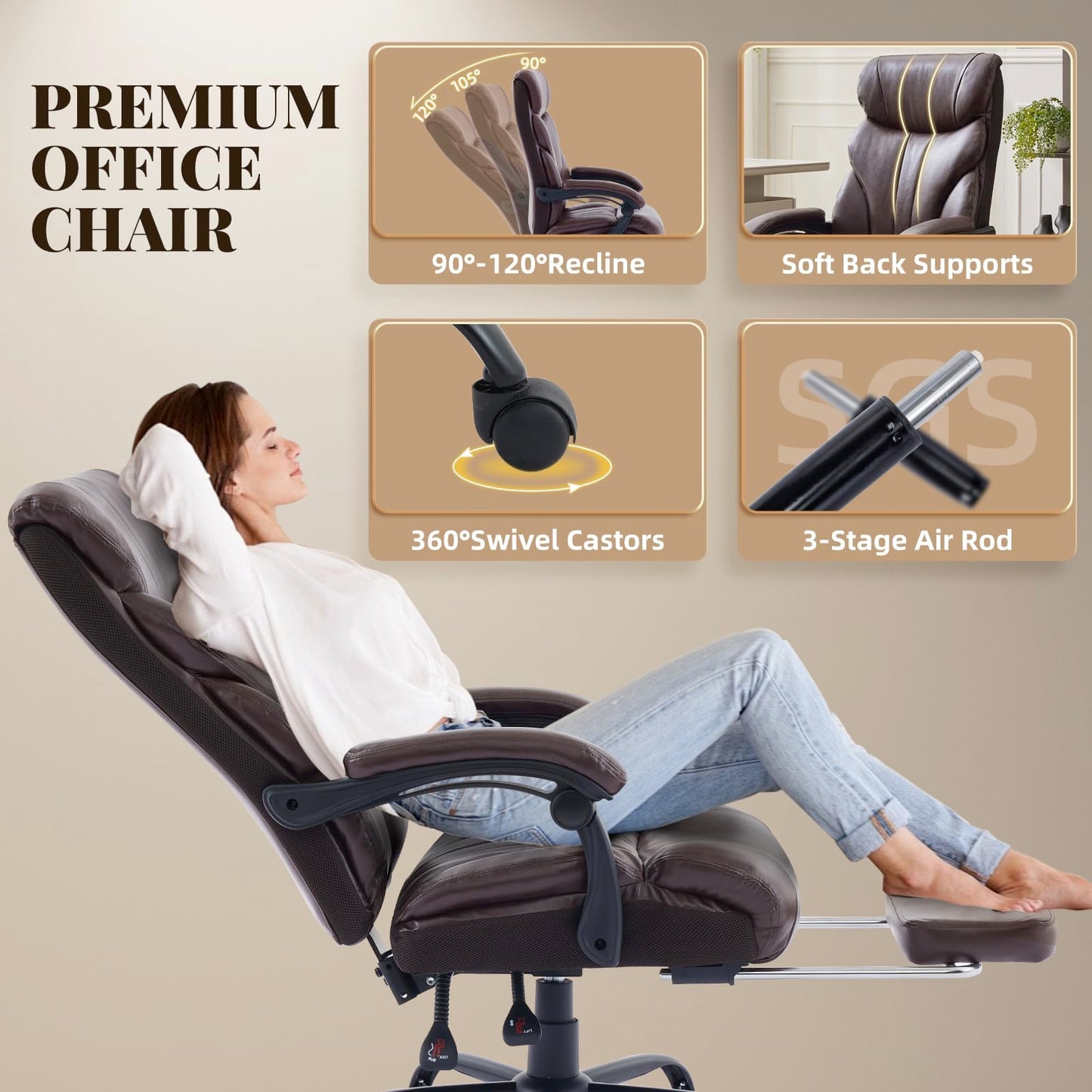 GarveeHome Big and Tall Office Chairs with Foot Rest,500LBS Wide Ergonomic Gaming Chair,90-155°Recline Executive Leather Computer Chairs with Adjustable Height,Chocolate
