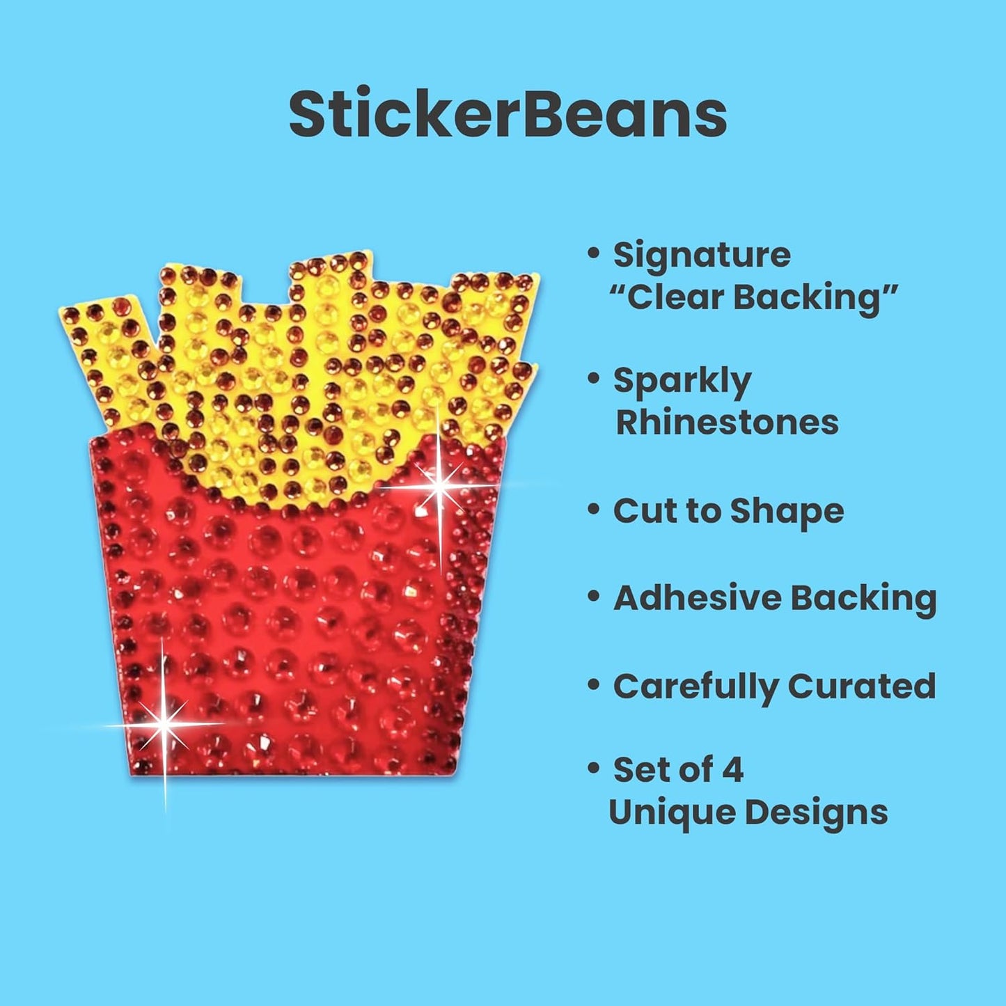 StickerBeans® Rhinestone Stickers - Fopdie 4-Pack, 2” x 2” Each, Unique Sparkly Cut-to-Shape for Collecting, Trading, Decorating Laptops, Phone Cases, Scrapbooks - for Kids, Teens, & Adults