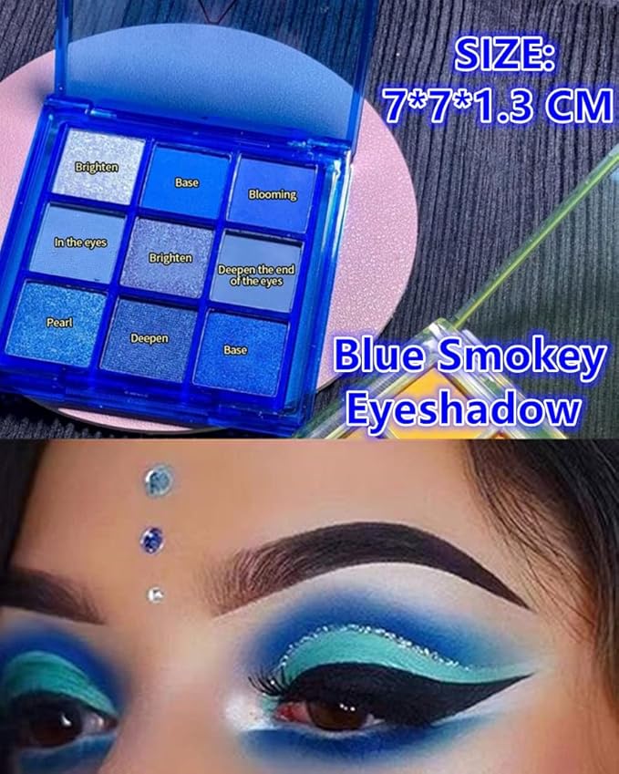 Go Ho 9 Style Blue Grey White Powder Makeup Eyeshadow Palette, Matte & Pearl Shimmer Design Waterproof Cool Blue Eye Eyeshadow Palette for Women & Girls