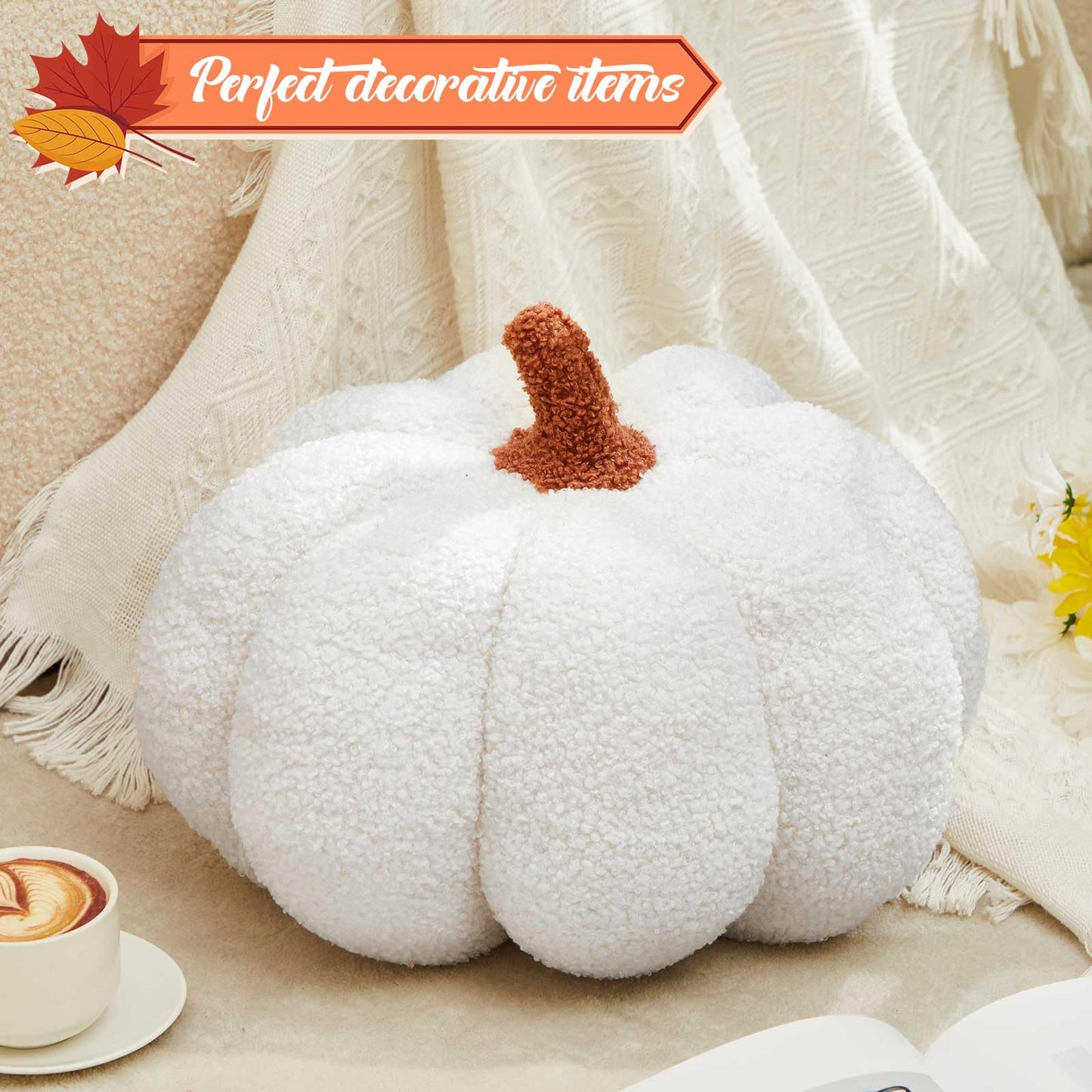 Juexica 7 Inch Halloween Stuffed Pumpkin Pillow Fluffy Plush 3D Pumpkin Shaped Decoration Fall Thanksgiving Cushion Pillow Soft Cute Throw for Sofa Couch Supplies(White)