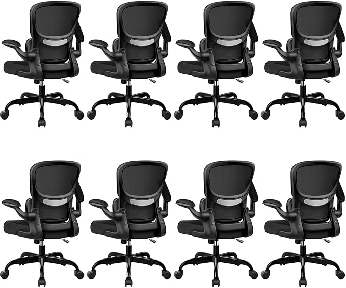 BESTFAIR Office Chair Ergonomic Desk Chair, Breathable Mesh Comfy Chair with Lumbar Support, Computer Chair, Home Desk Chair with Flip-up Armrests, Gaming Chair for Adults Home Office (Black,8Pack)