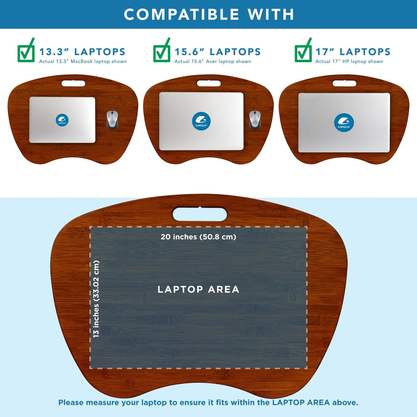 LAPGEAR Extra Large Bamboo Lap Desk - Chestnut - Fits up to 17.3 Inch Laptops - Style No. 91692