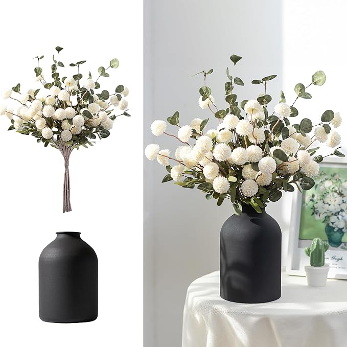 BLOSMON Fake Flowers in Vase for Centerpieces: Metal Vase with 12 Stems of Artificial Mums Kiku Flowers Eucalyptuses Home ...