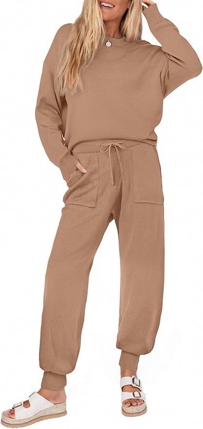 Ekouaer Women's 2 Piece Lounge Set Long Sleeve Knit Pajamas Sweatsuit Jogger Pant Outfits With Pockets S-XXL