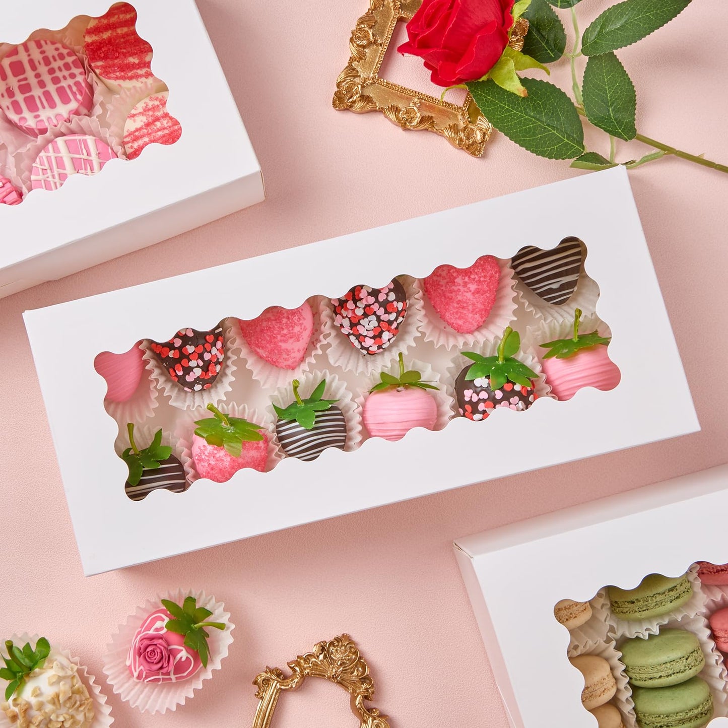 ZORRITA 30 Pack Auto Pop-up Cookie Boxes with Window, 12.5" x 5.5" x 2.5" White Bakery Boxes Treat Boxes for Chocolate Covered Strawberries, Cake Pops, Donuts, Cocoa Bombs, Sugar Cookies, Pastries