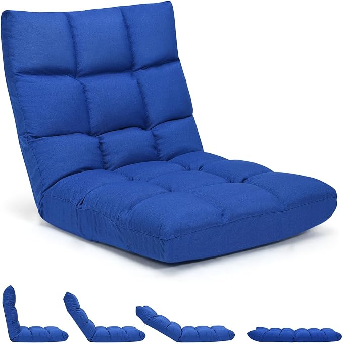 GORELAX Floor Chair with Back Support, 14-Poistion Adjustable Folding Gaming Chair Recliner, Meditation Chair with Steel Frame, Padded Lazy Sofa Chair for Adults, Kids (Blue)