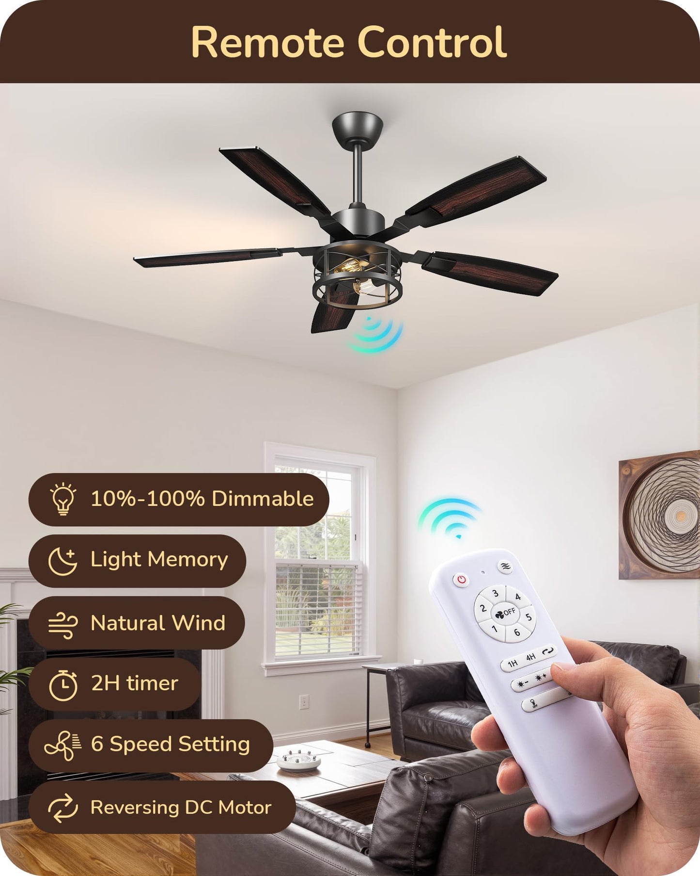 EDISHINE 52" Farmhouse Ceiling Fans with Lights and Remote, 10%-100% Dimmable, Reversible DC Motor, 6 Speed, 5 Wooden Blades, Timer, Rustic Caged Fandelier Ceiling Fan for Living Room, Bedroom