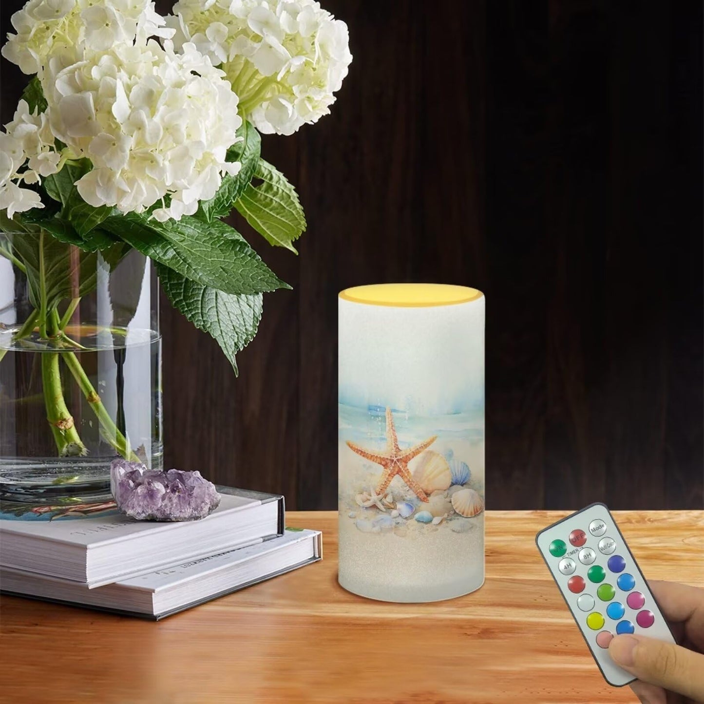 Poceacles Beach Starfish Seashell Painting Led Flameless Candles Battery Operated Candles With Remote Control Timer Flickering W