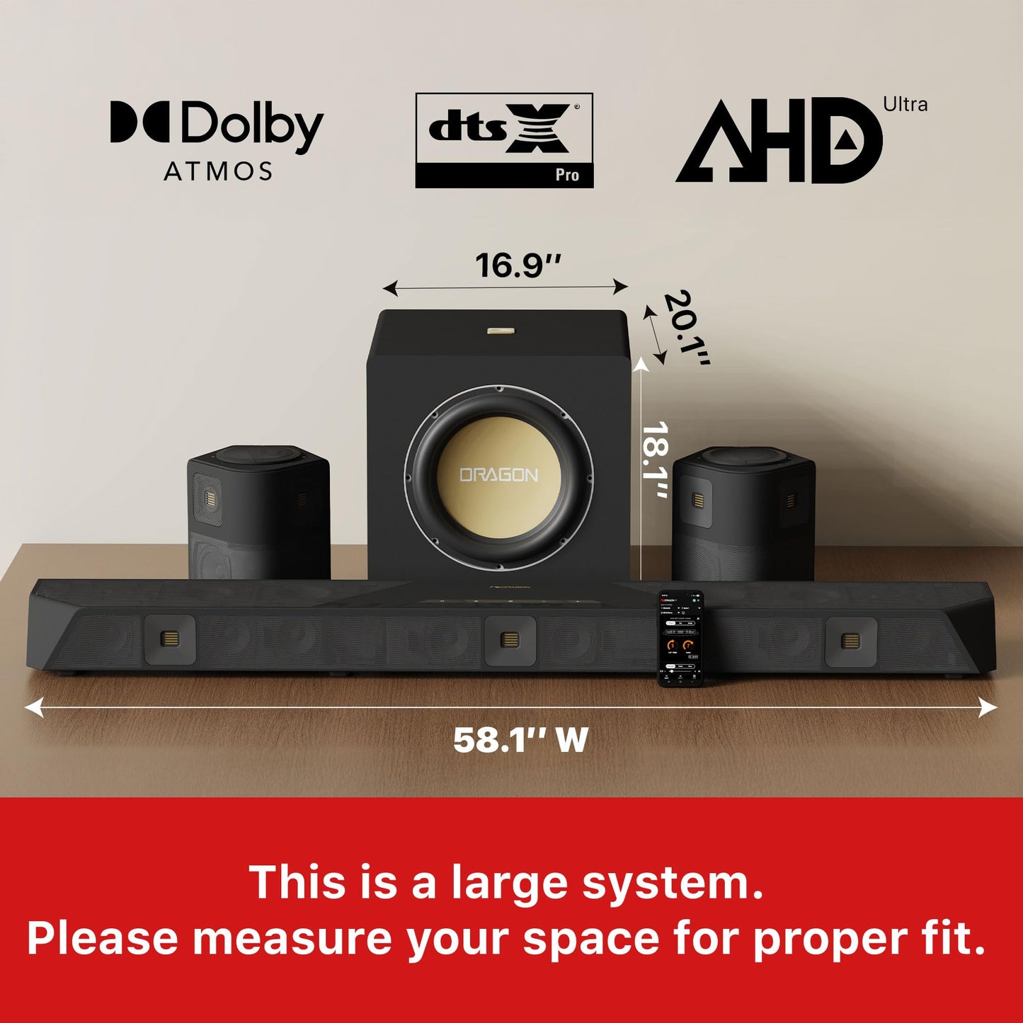 Nakamichi Dragon 11.1.6 Ch Surround System w Dolby Atmos/DTS:X Pro (Pro Cinema Engine), HiFi AMTs, Reference 12" Sub, Bipolar Surr, 6 Discrete Height Ch, 3000 Watts Max Output. AVR Grade Soundbar