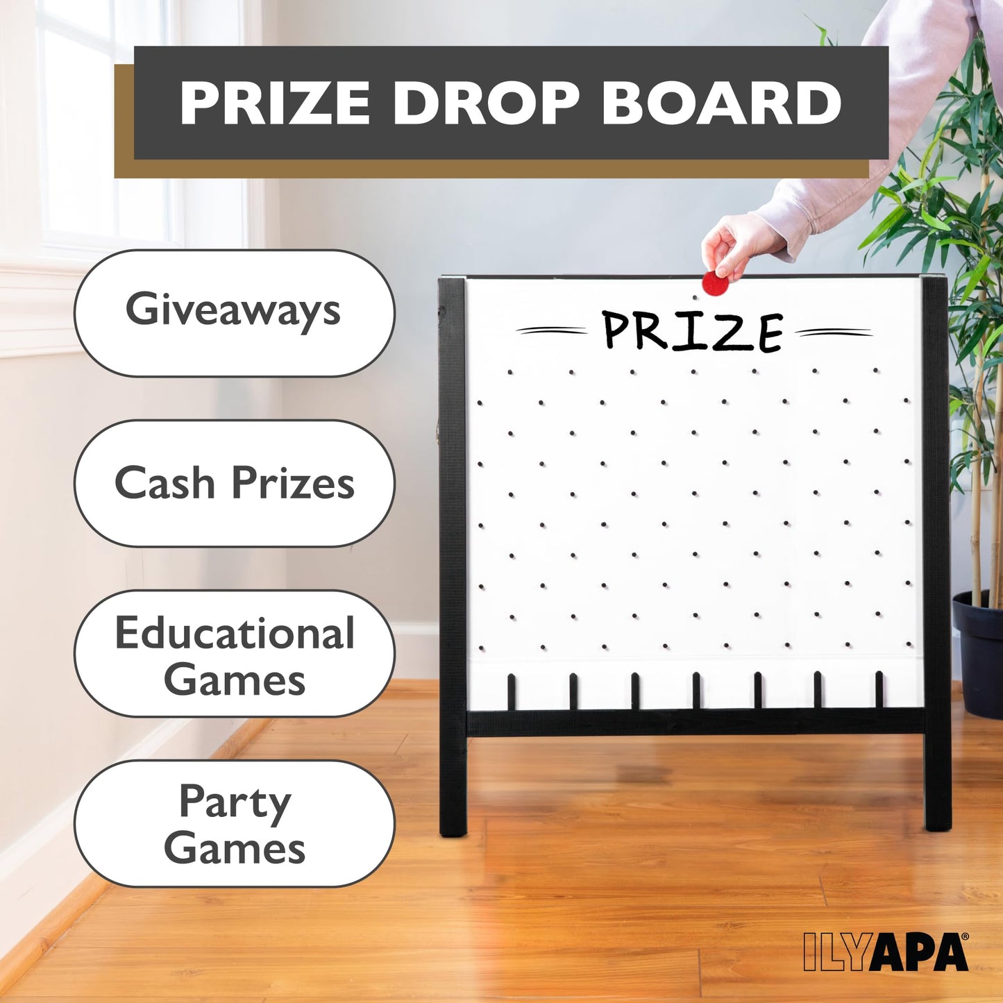 lyapa Large Portable Prize Drop Game - 41x27.5 Inch Double Sided Penny Drop Game, Wooden A-Frame Whiteboard Sign, Eraser & Token Storage Tote