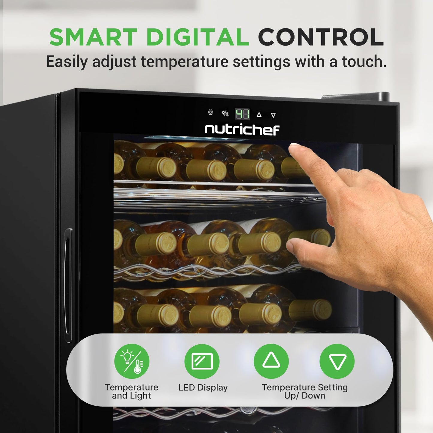 Nutrichef 34 Bottle Wine Fridge | Single Zone Wine Chiller Great for both Red & White Wines | Adjustable Temp 41°F - 64°F | Ultra Quiet Operation | Wine Cooler for Home & Office | 33x19x17 IN (Black)