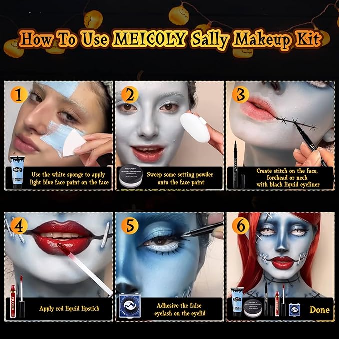 MEICOLY Sally Makeup Kit,Professional Sally Costume Corpse Bride Makeup,Light Blue Face Paint and Setting Powder Halloween Makeup Kit,Sally Face Cosplay,Liquid Eyeliner+False Eyelash+Lipstick+Sponges