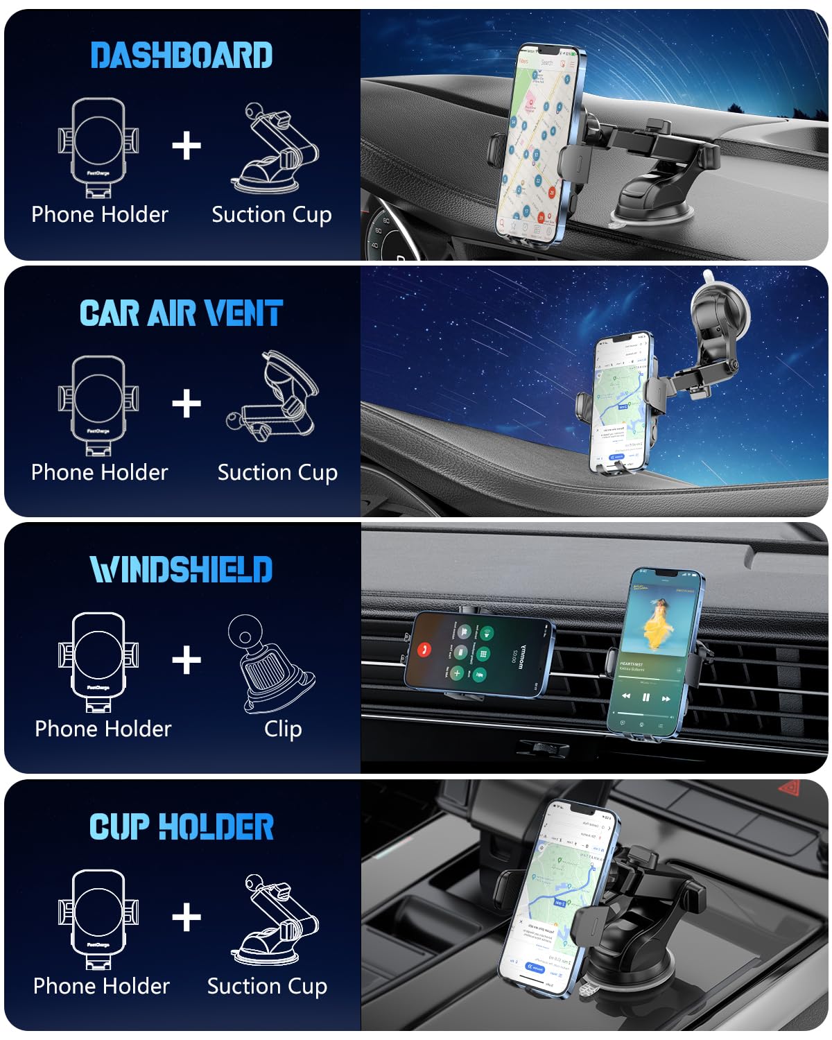 Wireless Car Charger, Fast Charging Phone Holder BothLin 3 in 1 Phone Mount Auto Clamping Car Accessories Compatible with iPhone 16 15 14 13 12 11 Xs XR, Samsung S23 Ultra S22 S21 S20/S10+ S9+ Note 9