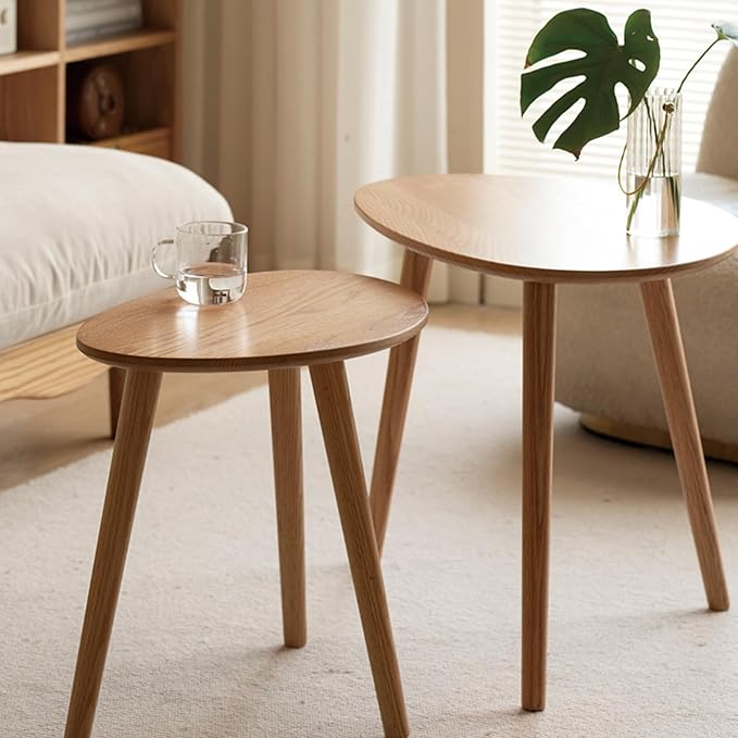 Vadisun Small Oval Nesting Table, Mid Century Coffee Table for Living Room,Solid Oak Wood End Tables,Triangle Tabletop with 3 Legs,Minimalist Display Living Tables (Original Wood Color, Combine)