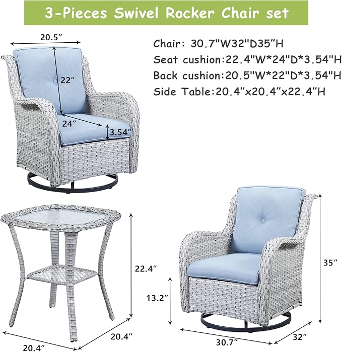 Rilyson Patio Chairs Rocking Swivel Chiar - 3 Piece Outdoor Wicker Patio Bistro Set Rattan Rocker Glider Chairs with High Back and Deep Seating for Outside Porch Deck Garden(Light Grey/Sky Blue)