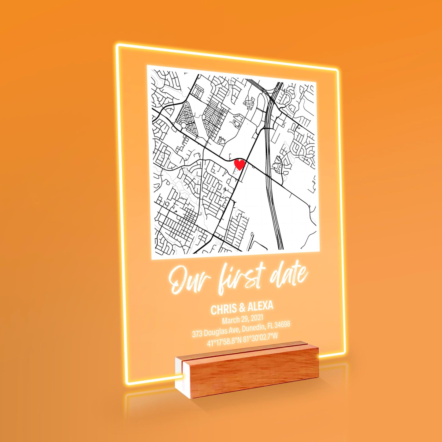SAME DAY SHIP Our First Date Plaque with Wooden, Acrylic, Led Light Stand - Where It All Began Couples Map Gift for Her Personalized Gift Couples Gift Gifts for Him Where We Met Personalized Map