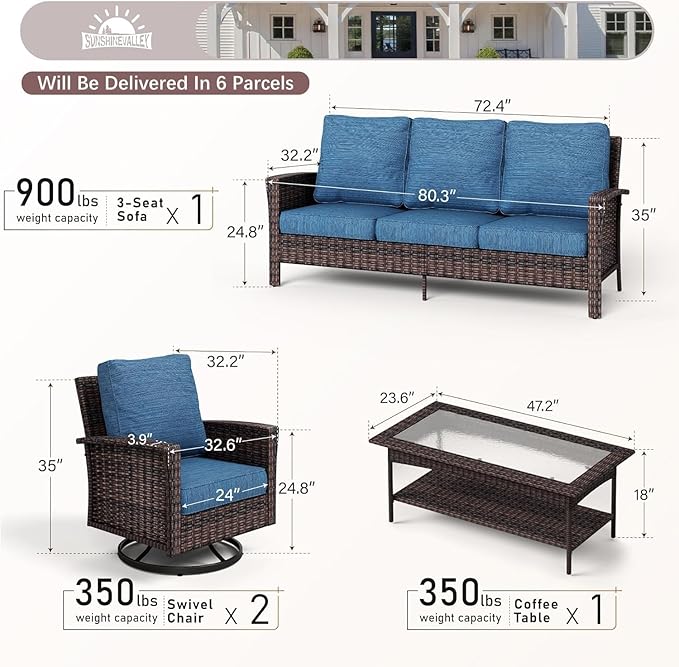 SUNSHINE VALLEY Patio Furniture Set with Swivel Chairs, High Back Wicker Rattan Furniture with 5.5" Thick Cushions and Coffee Table, Outdoor Conversation Set for Backyard Deck,5 Seats, Blue