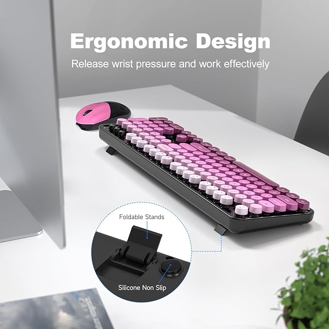 Wireless Keyboard Mouse Combo, Typewriter Full Size Keyboard with Number Pad and 2 in 1 USB Connected Mouse for Windows 7/8/10, Laptop, Desktop, PC, Computer (Black & Pink)