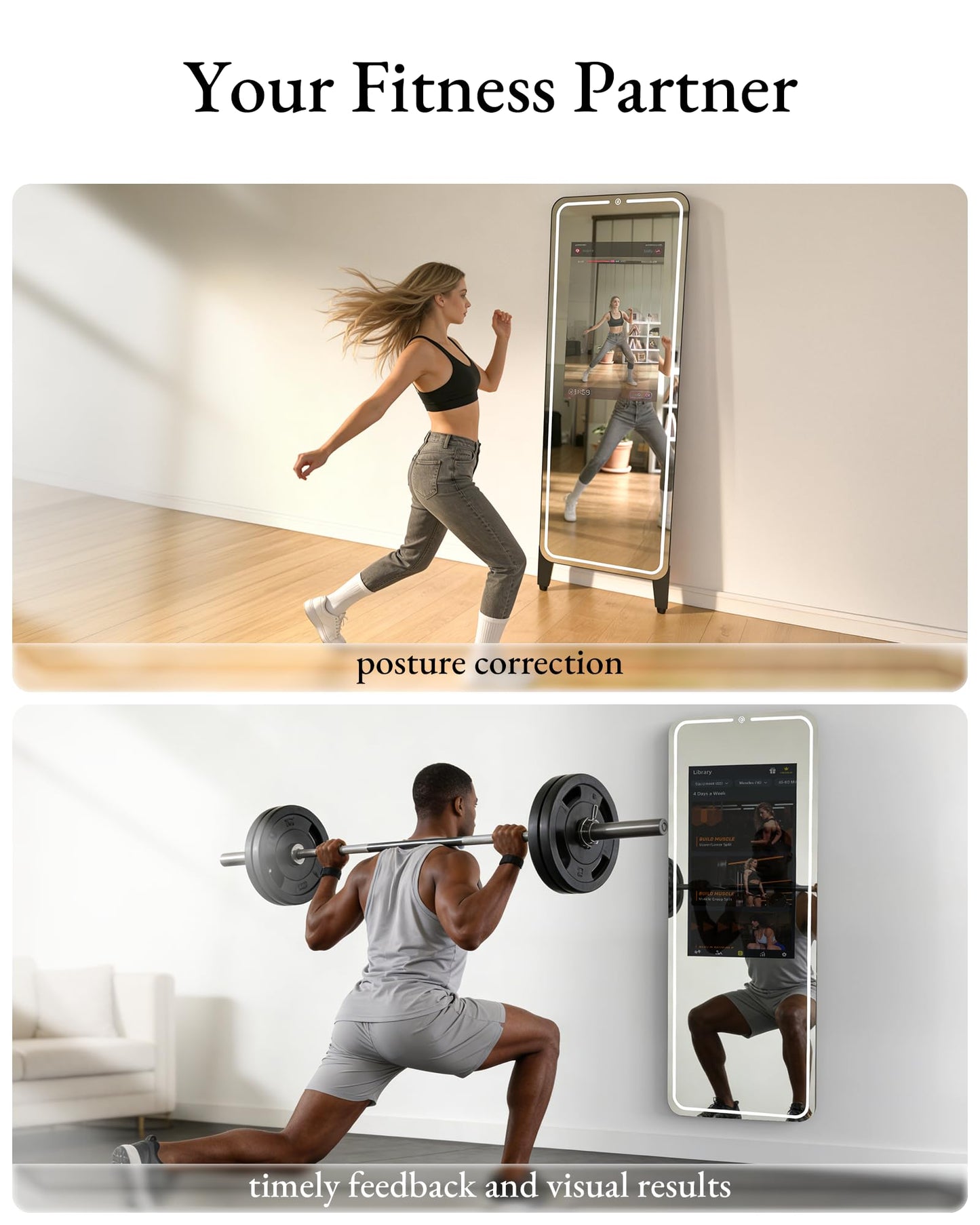 HARZHI Smart Fitness Mirror with 32'' HD Touchscreen, 65'' Full-Length Mirror, Android OS, Voice Control, for Home Gym, Yoga, Dance and Training